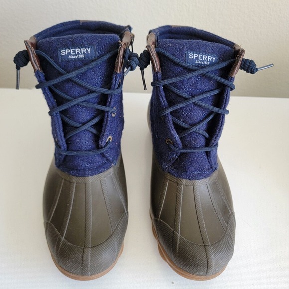 Sperry Saltwater Quilted Wedge Tide Wool Blue Brown Duck Boots Women Size 7 - Picture 3 of 14